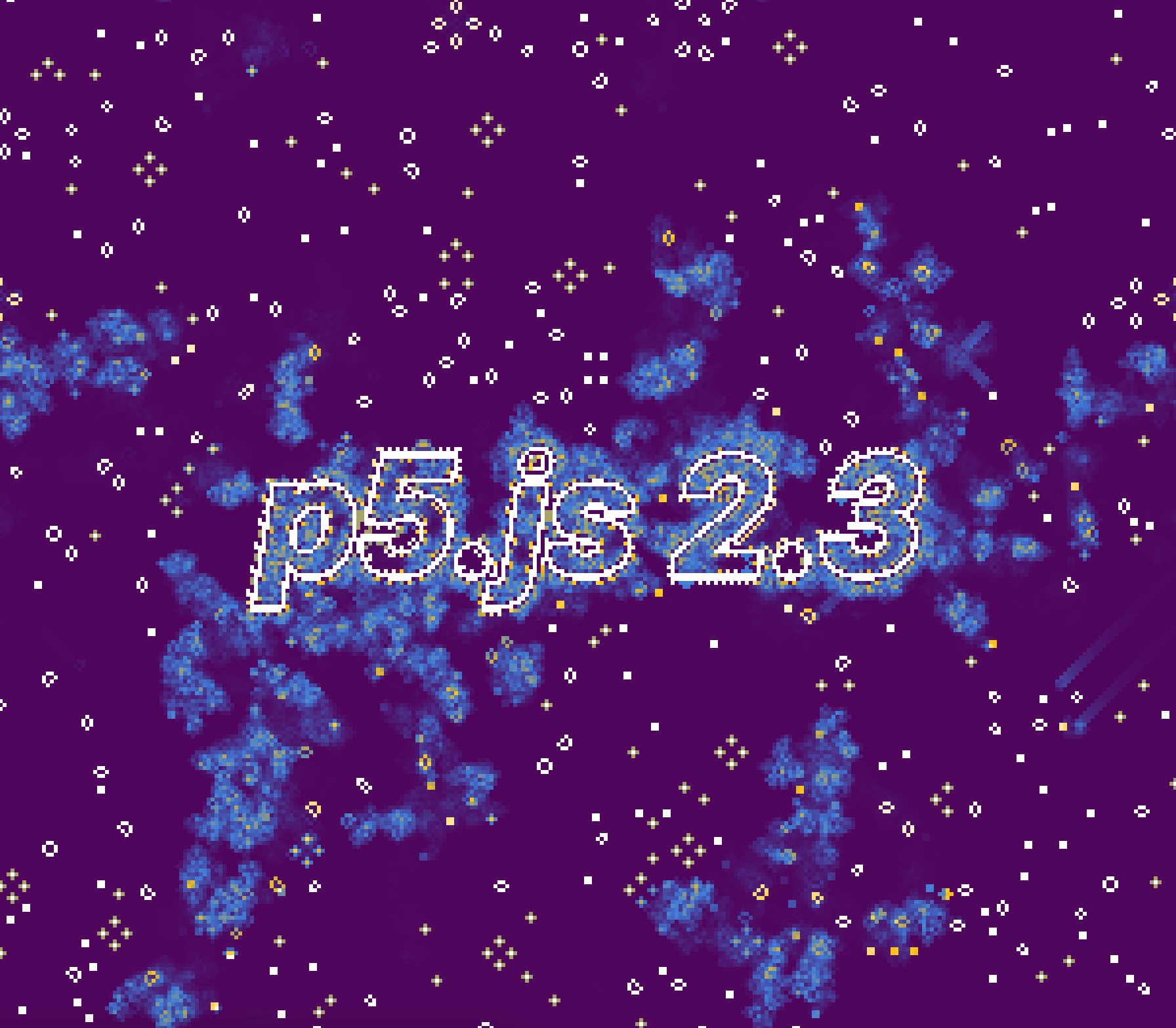 An abstract image showing "p5.js 2.3" surrounded by a simulation of Conway's Game of Life